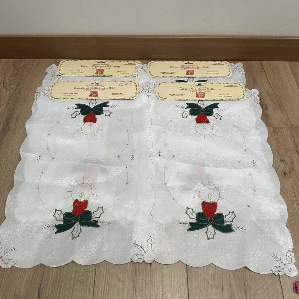 Vintage New Old Stock Classic Christmas Placemats White Candle Embroidered 14x20